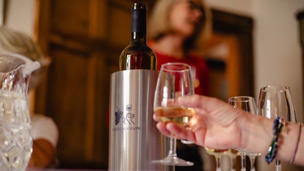 tasting white wine at giggling grape in castle cary