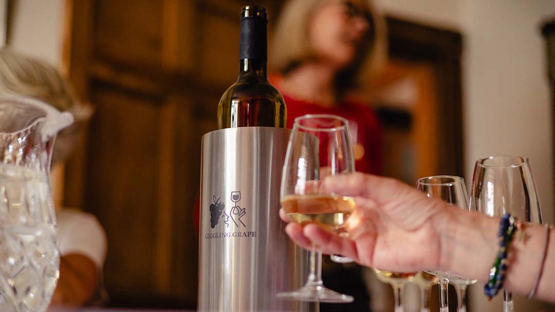 tasting white wine at giggling grape in castle cary